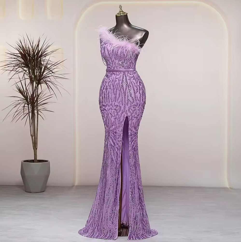 Purple,  Geo Print, Assymmetrical Neck,  Ostrich Feather, Beaded,  Sequined Gown - Picture 11 of 16